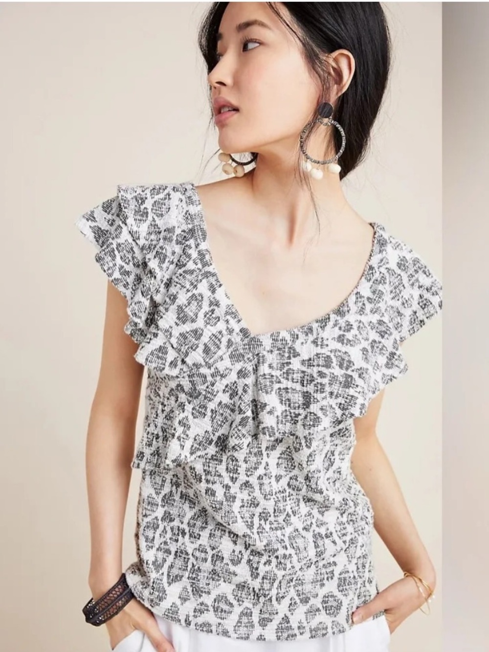 Anthropologie DOLAN Savannah Textured Leopard Flutter Ruffle Sleeve Top - Medium